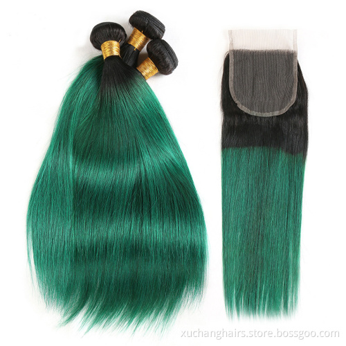 Ombre Dark Roots Human Hair Bundles With Closure 1B/Green Two Tone Color Virgin Brazilian Hair Weave